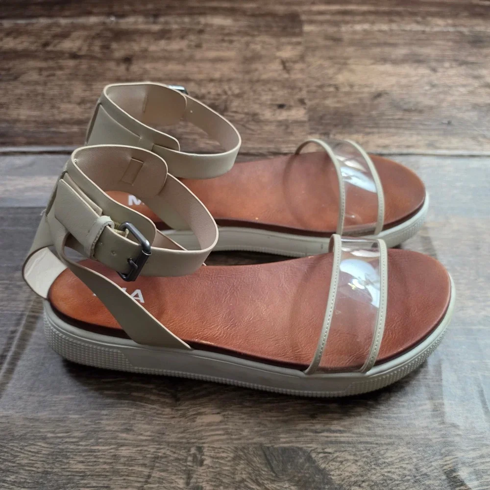 MIA Elena Sandals‎ Womens 8.5 Cream Flatform Clear Strap Ankle Buckle 3G1637L